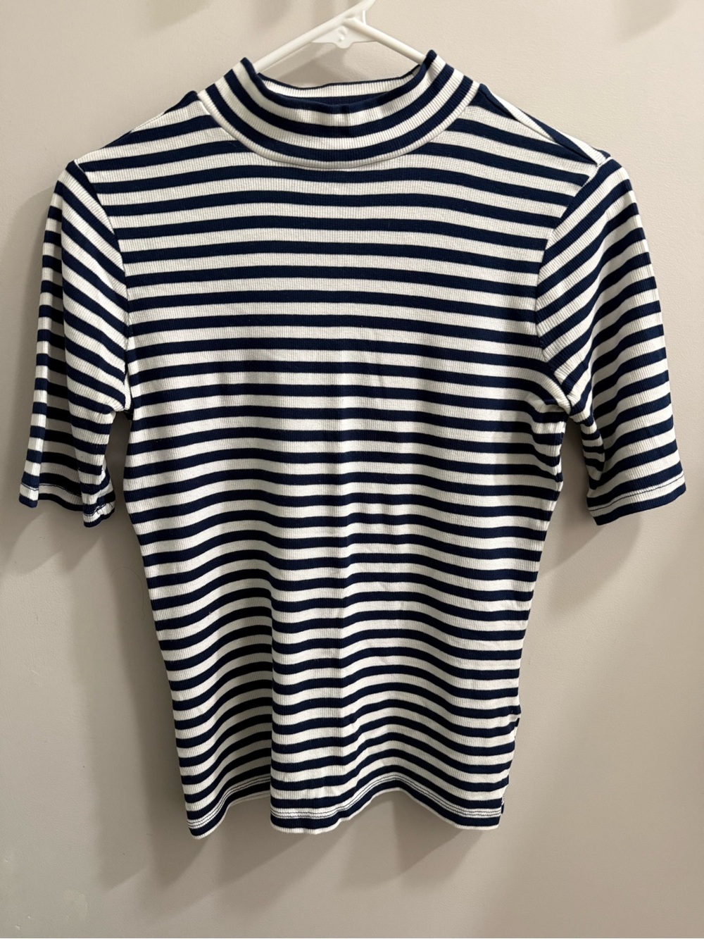 Madewell Striped Navy and White Short-Sleeve Mock Neck Shirt